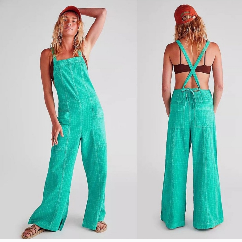 Free People Womens Wide Leg Overalls Size L Green